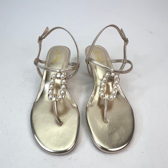 Lilly Pulitzer Good As Gold Pearl Wedge Sandals Metallic Gold Size 10M - Picture 4 of 7